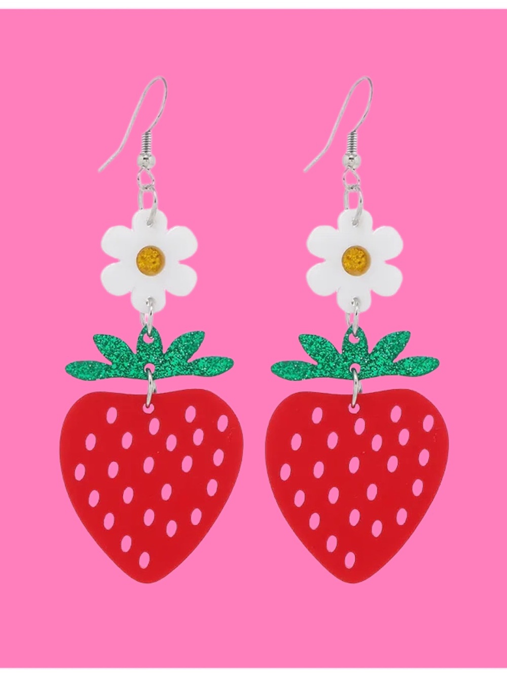 Strawberry Daisy Dangle Earrings - Red, Green, White